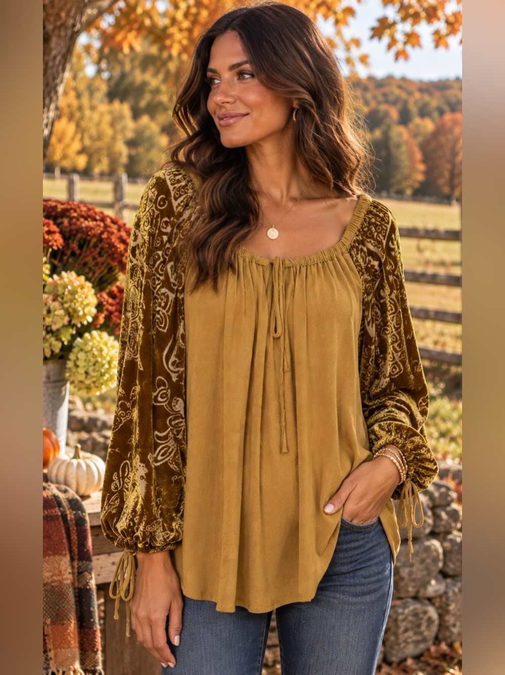 Soft Surroundings S Mustard Velvet Silk Sleeve Boho Peasant Tunic Blouse Top